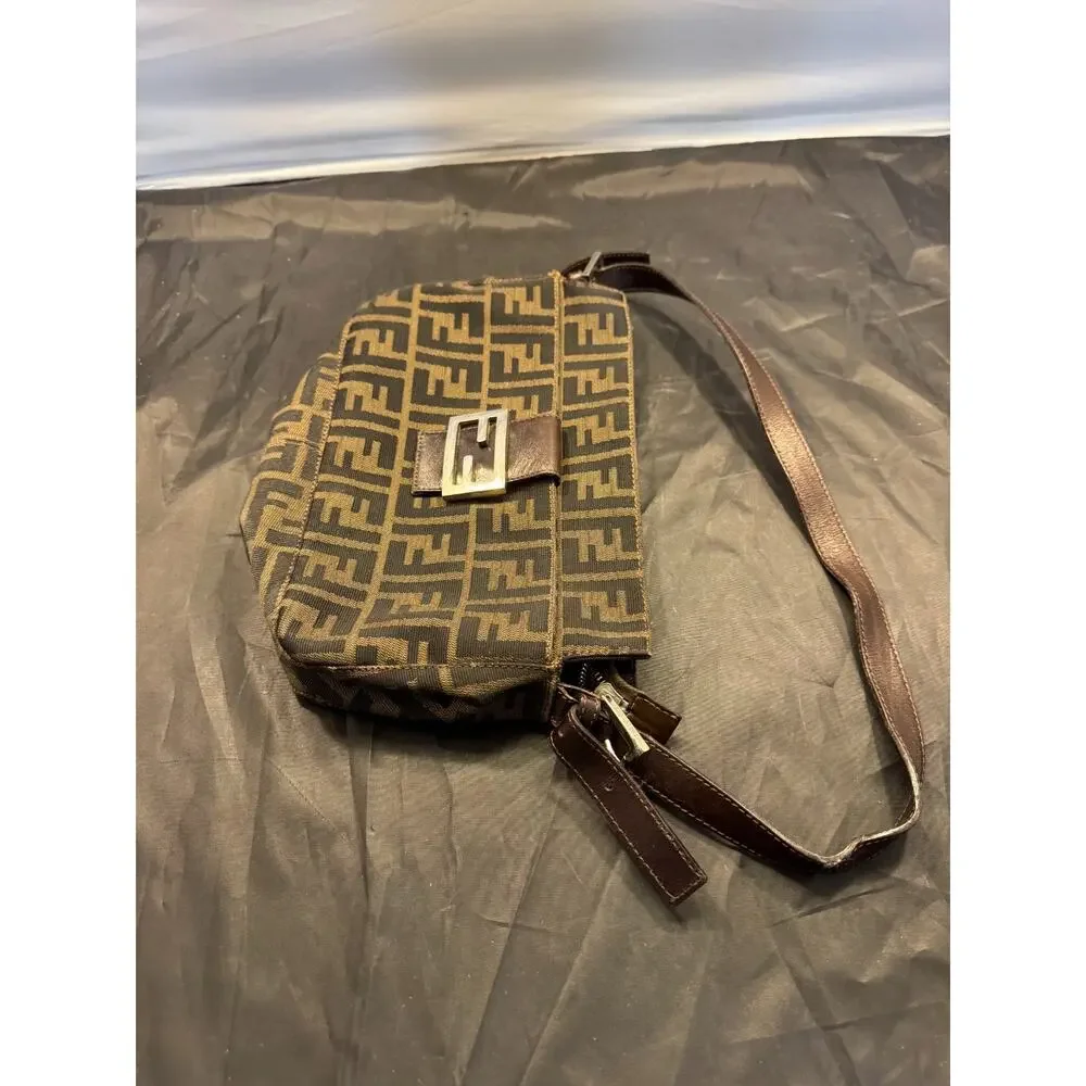 Vintage Fendi Zucca FF Monogram Canvas Leather Baguette Shoulder Bag Italy - Picture 3 of 15
